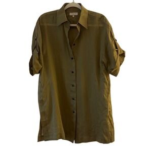 Lafayette 148 New York Ramie Tencel Button Down Shirt Olive Green Roll Tab Small